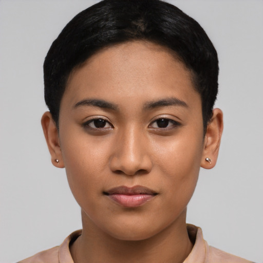 Joyful asian young-adult female with short  black hair and brown eyes