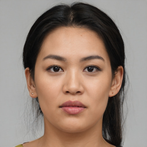 Neutral asian young-adult female with medium  black hair and brown eyes