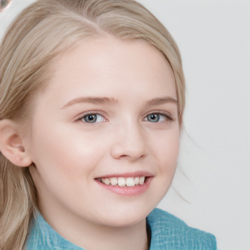 Joyful white child female with long  brown hair and blue eyes