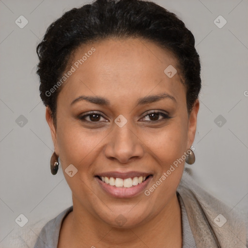 Joyful latino young-adult female with short  brown hair and brown eyes