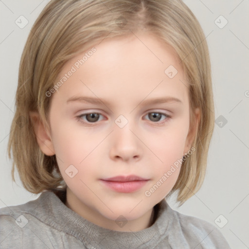 Neutral white child female with medium  brown hair and grey eyes