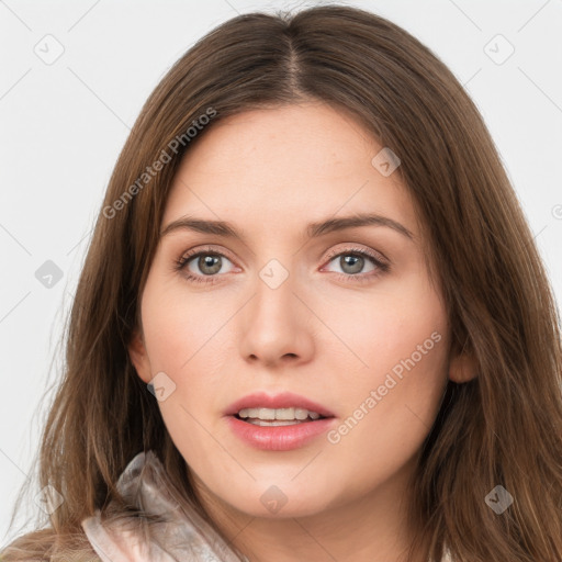 Neutral white young-adult female with long  brown hair and brown eyes