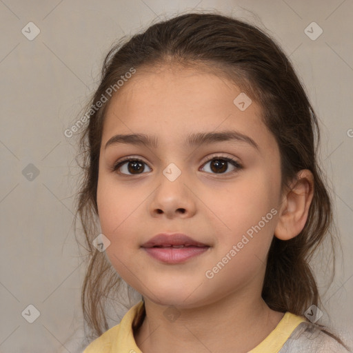 Joyful white child female with medium  brown hair and brown eyes