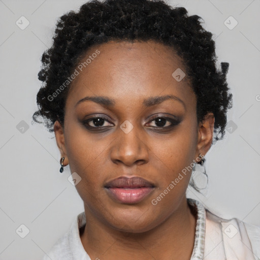 Neutral black young-adult female with short  black hair and brown eyes