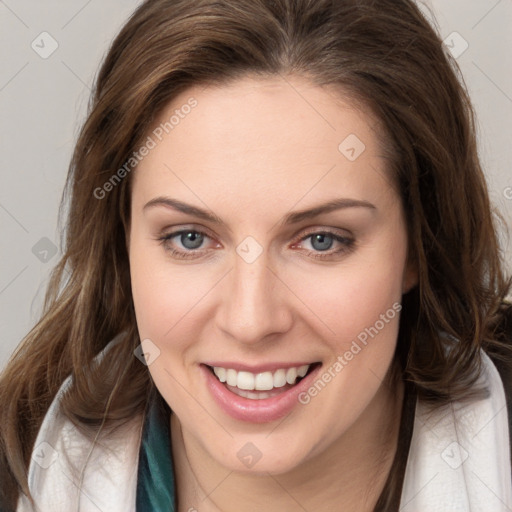 Joyful white young-adult female with medium  brown hair and blue eyes