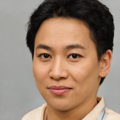 Joyful asian young-adult male with short  brown hair and brown eyes