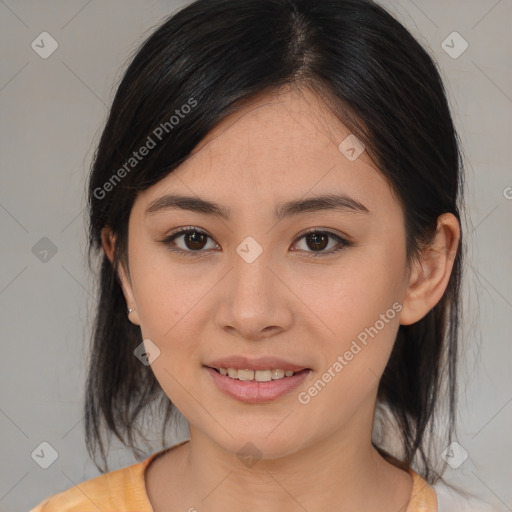 Joyful asian young-adult female with medium  brown hair and brown eyes