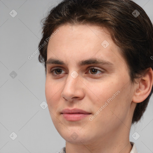 Joyful white young-adult male with medium  brown hair and brown eyes