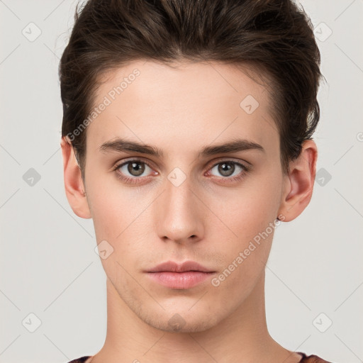 Neutral white young-adult male with short  brown hair and brown eyes