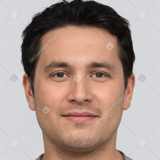 Joyful white young-adult male with short  brown hair and brown eyes