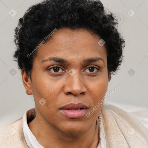 Neutral black adult female with short  brown hair and brown eyes