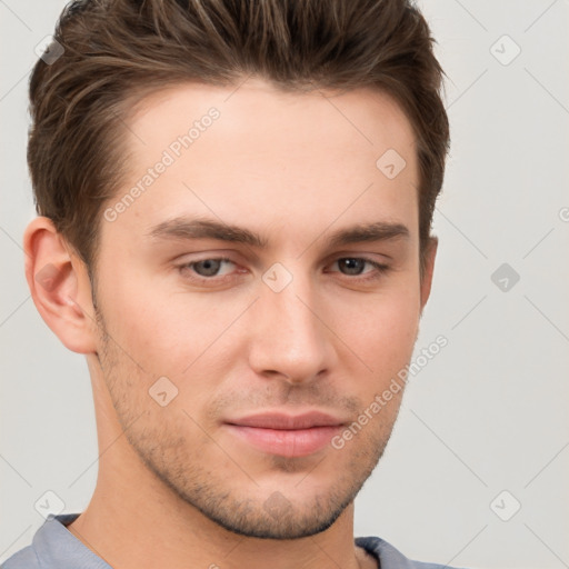 Neutral white young-adult male with short  brown hair and brown eyes