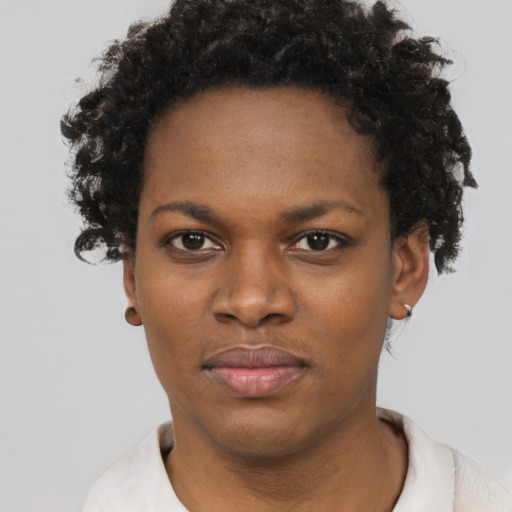 Neutral black young-adult female with short  brown hair and brown eyes