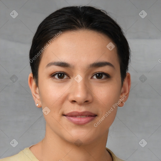 Joyful white young-adult female with short  brown hair and brown eyes