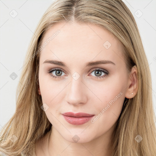 Neutral white young-adult female with long  brown hair and blue eyes