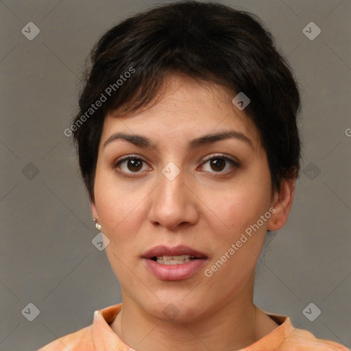 Joyful white young-adult female with short  brown hair and brown eyes