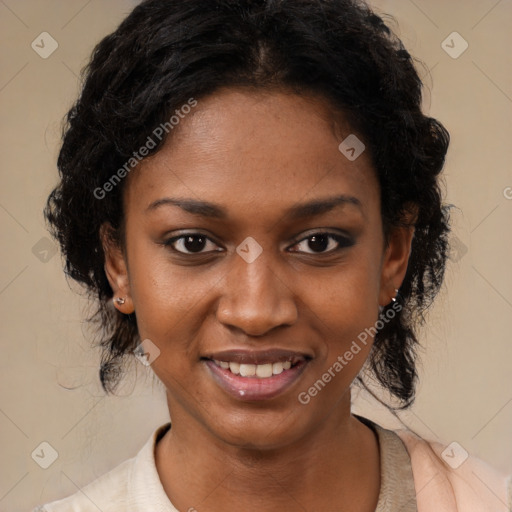 Joyful black young-adult female with medium  black hair and brown eyes