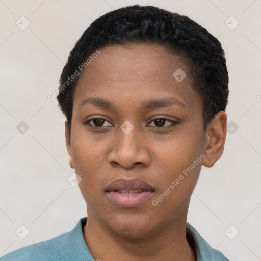 Neutral black young-adult female with short  black hair and brown eyes