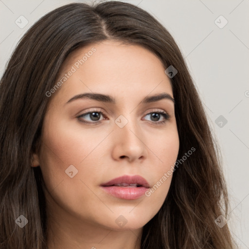 Neutral white young-adult female with long  brown hair and brown eyes