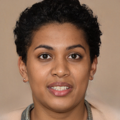Joyful latino young-adult female with short  brown hair and brown eyes