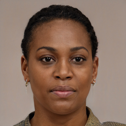Neutral black young-adult female with short  brown hair and brown eyes