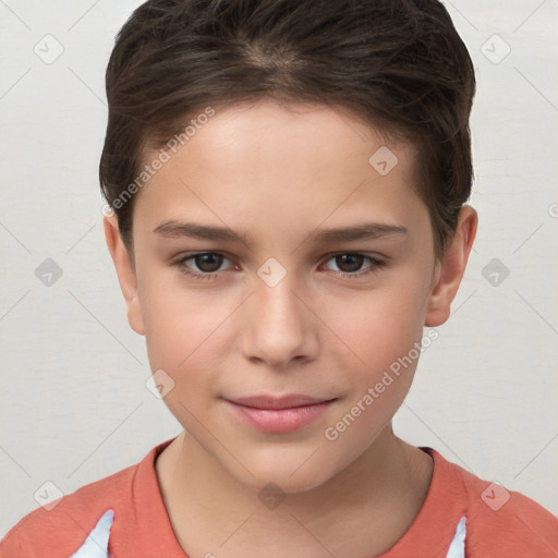 Joyful white child female with short  brown hair and brown eyes