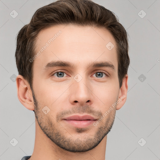 Neutral white young-adult male with short  brown hair and grey eyes