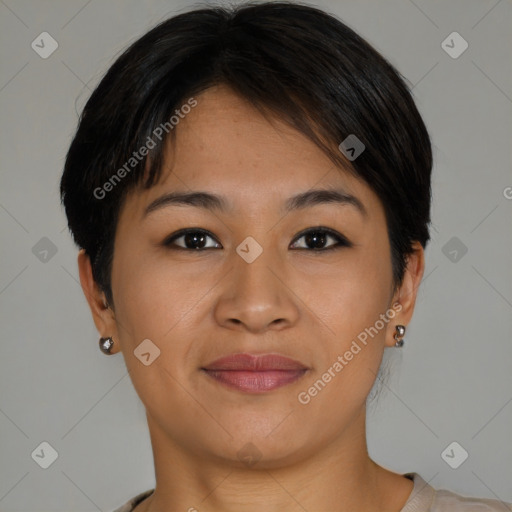 Joyful asian young-adult female with short  brown hair and brown eyes