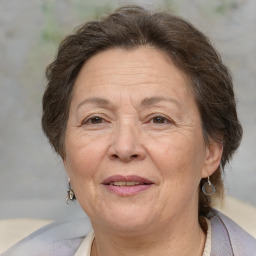 Joyful white middle-aged female with short  brown hair and brown eyes