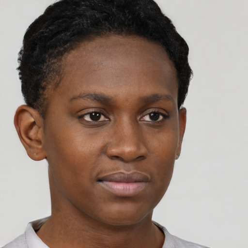 Neutral black young-adult female with short  brown hair and brown eyes