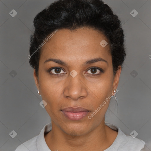 Neutral black adult female with short  black hair and brown eyes