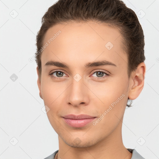 Joyful white young-adult female with short  brown hair and brown eyes