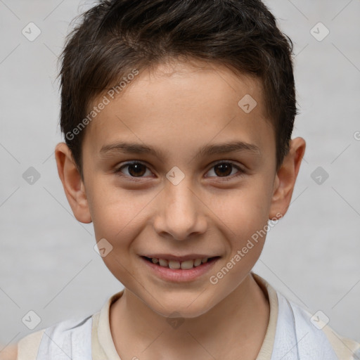 Joyful white child male with short  brown hair and brown eyes