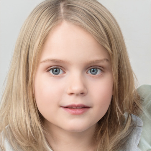 Neutral white child female with medium  brown hair and blue eyes