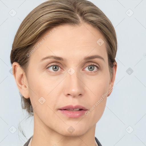 Neutral white young-adult female with medium  brown hair and grey eyes