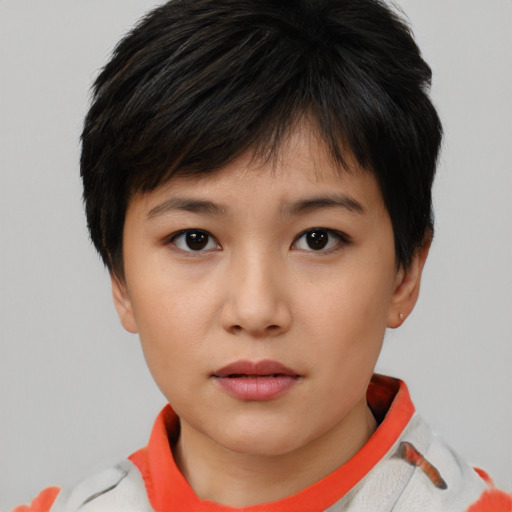 Neutral white young-adult female with short  brown hair and brown eyes