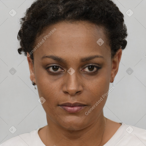 Neutral black young-adult female with short  brown hair and brown eyes