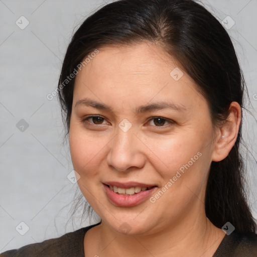 Joyful white young-adult female with medium  brown hair and brown eyes