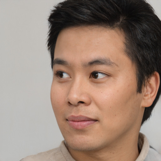 Neutral asian young-adult male with short  brown hair and brown eyes