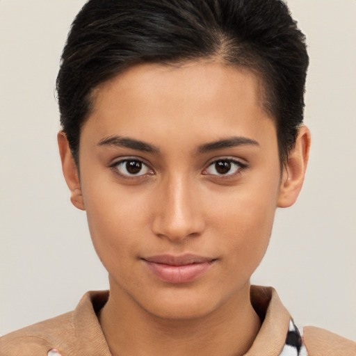 Joyful white young-adult female with short  brown hair and brown eyes