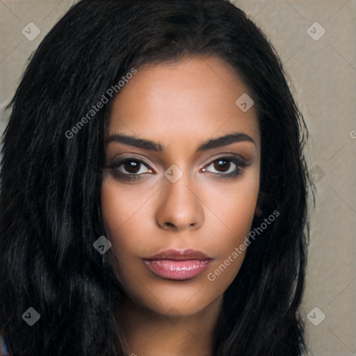 Neutral latino young-adult female with long  black hair and brown eyes