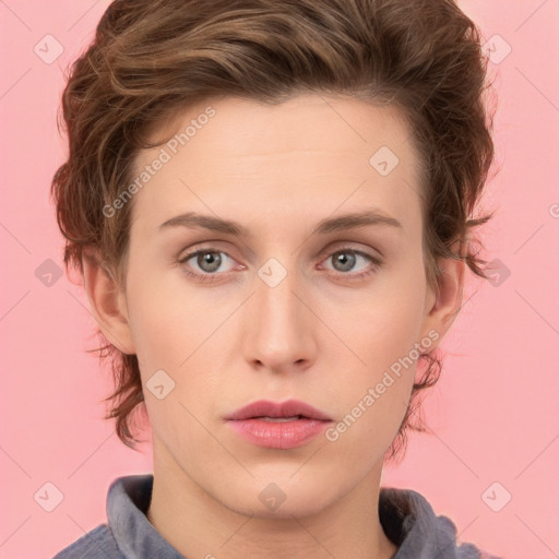 Neutral white young-adult female with medium  brown hair and brown eyes