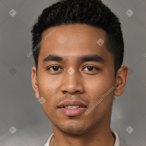 Joyful latino young-adult male with short  black hair and brown eyes