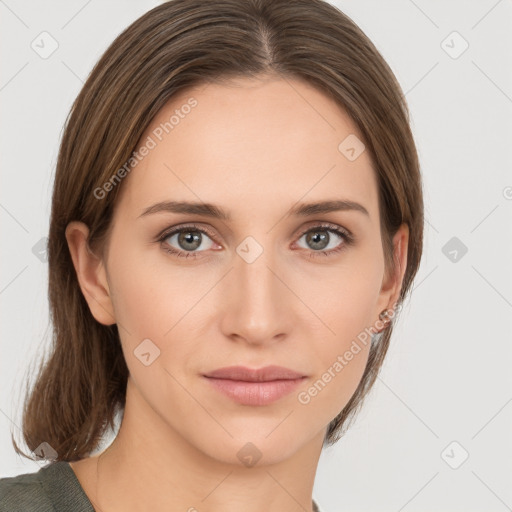 Neutral white young-adult female with medium  brown hair and grey eyes