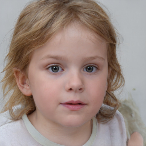 Neutral white child female with medium  brown hair and blue eyes