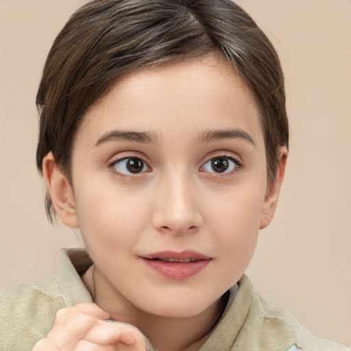 Joyful white child female with medium  brown hair and brown eyes