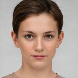 Neutral white young-adult female with short  brown hair and brown eyes