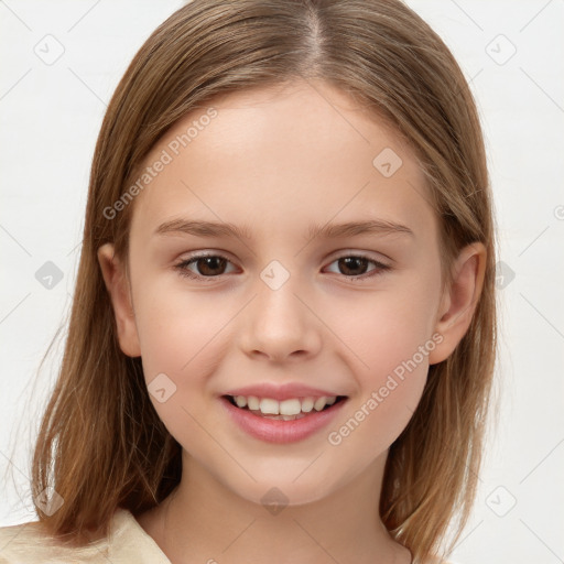 Joyful white child female with medium  brown hair and brown eyes