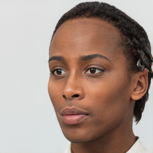 Neutral black young-adult female with short  brown hair and brown eyes