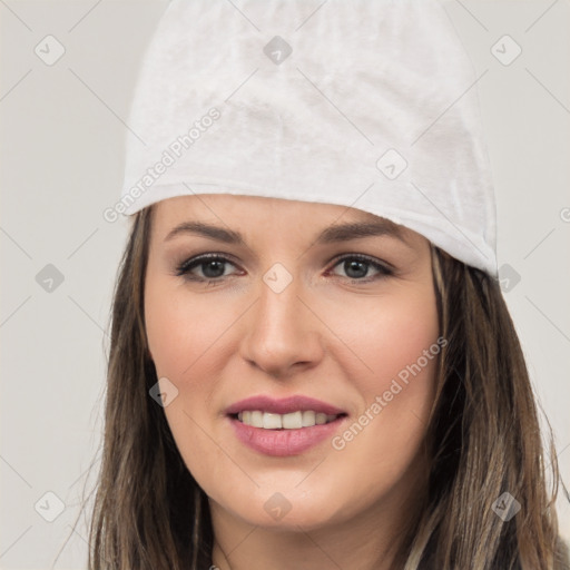 Joyful white young-adult female with long  black hair and brown eyes